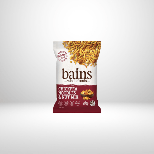 Bains Wholefoods Chickpea Noodle & Nut Mix x 100g - Dairy Free, Gluten Free, Vegan, Vegetarian - All Natural, Vegan Friendly, Gluten Free, MSG Free, Cholesterol Free, GMO Free, No Artificial Flavours or Colours, Preservatives Free, Cooked in Sunflower Oil, 15.8g Plant Protein per 100g, Good source of Fibre, Kosher Certified x 100g