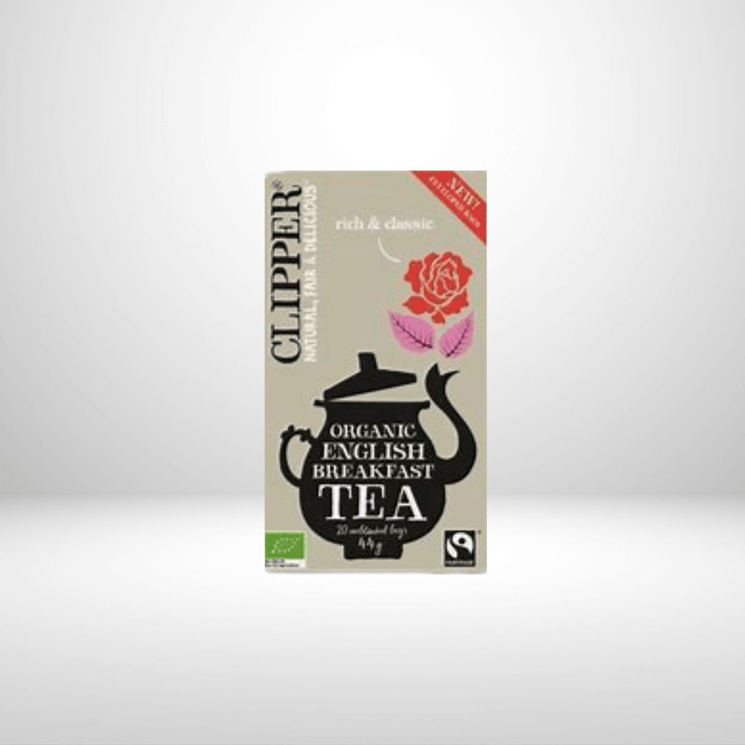 Clipper Organic English Breakfast Tea Bags x 20 unbleached bags - Organic, Dairy Free, Gluten Free, Vegan, Vegetarian.  A majestic blend starring full-bodied Assam and wonderfully delicate Ceylon for a refreshing finish. Best enjoyed with the morning papers.