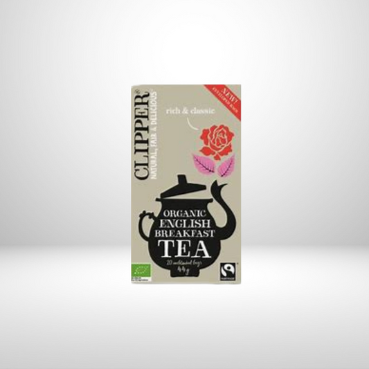 Clipper Organic English Breakfast Tea Bags x 20 unbleached bags - Organic, Dairy Free, Gluten Free, Vegan, Vegetarian.  A majestic blend starring full-bodied Assam and wonderfully delicate Ceylon for a refreshing finish. Best enjoyed with the morning papers.