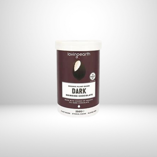 Loving Earth Dark Drinking Chocolate - Organic, Dairy Free, Gluten Free, Vegan and Vegetarian. A signature blend of 72% dark chocolate with ethically sourced Kemito Ene Cacao to create this rich, decadent drinking chocolate x 250g