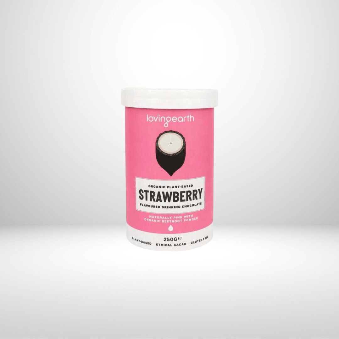 Loving Earth Strawberry Drinking Chocolate - Organic, Dairy Free, Gluten Free, Vegan and Vegetarian. A signature blend of white chocolate with coconut mylk and organic beetroot powder to create this nostalgic strawberry flavoured pink drinking chocolate x 250g